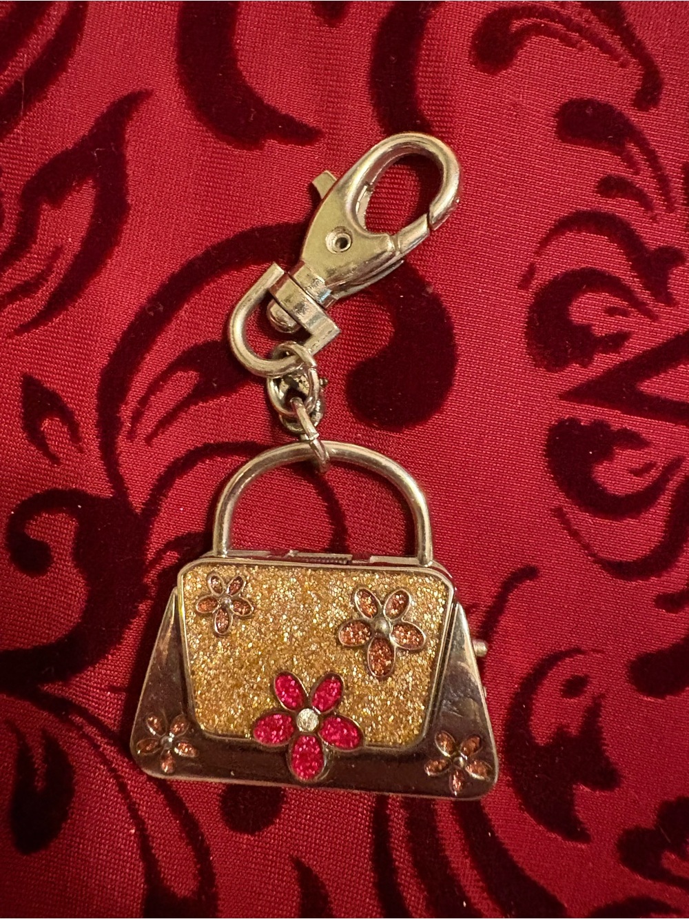 Gold Glitter Floral Silver Purse Keychain Charm Digital Clock